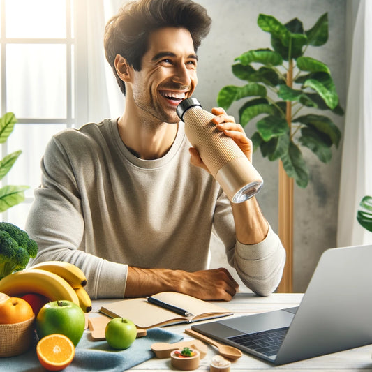 Person drinking water from a reusable bottle at a desk with healthy snacks, promoting wellness.